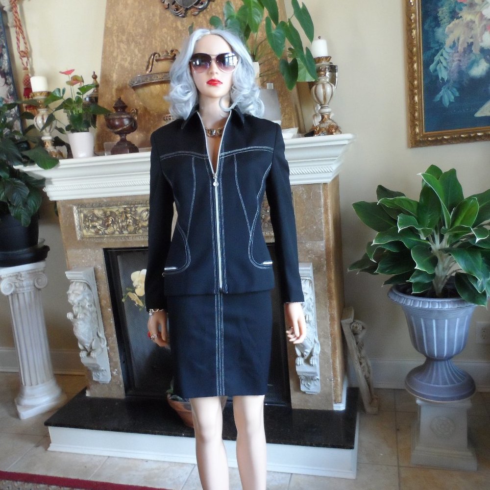 Versace Couture Black Wool Skirt Suit w/ Silver Trapunto Stich Size EU 44- US 10